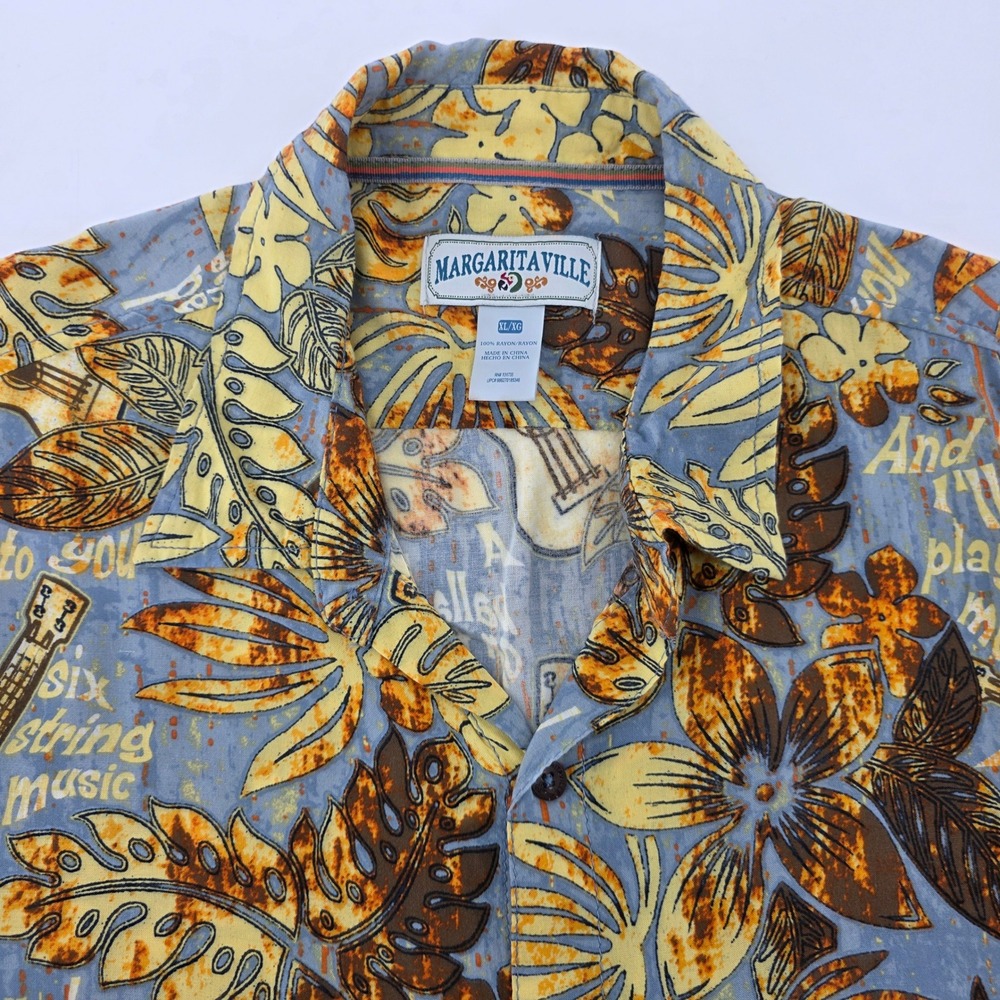 Margaritaville Mens XL Rayon Camp Shirt Guitar Tropical Floral Blue Yellow XL/XG